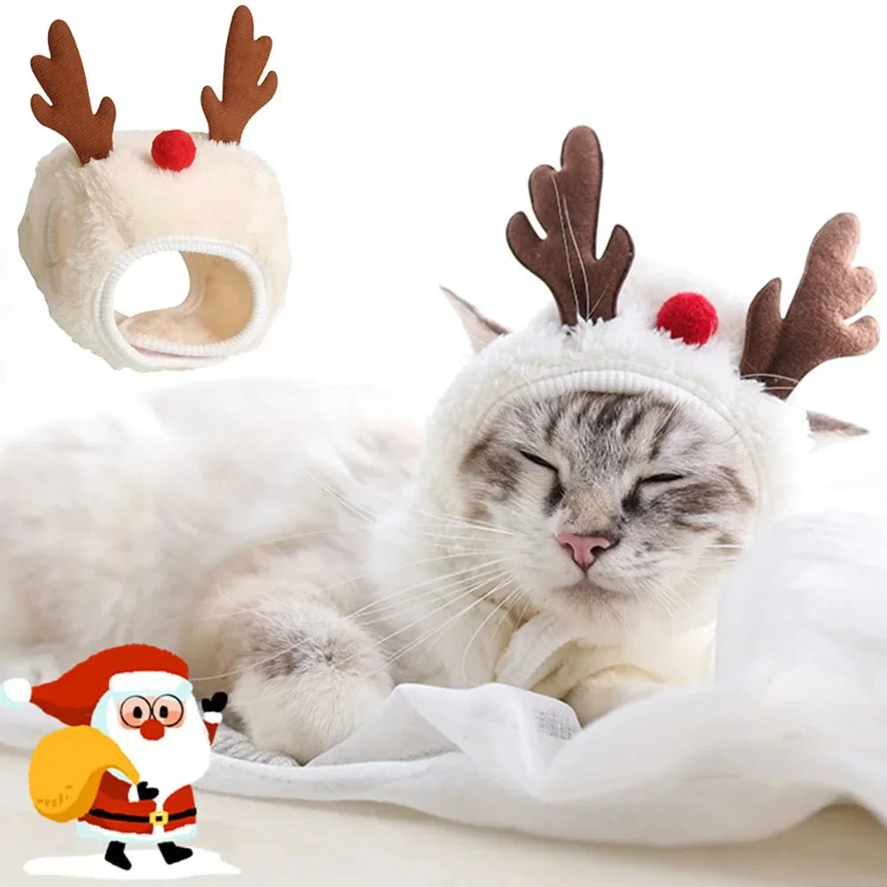 Christmas Puppy Dog Cat Costume Xmas Cat Santa Elk Hat with Bandana Bib Scarf Set Cat Accessories Pet Holiday Dress up Supplies